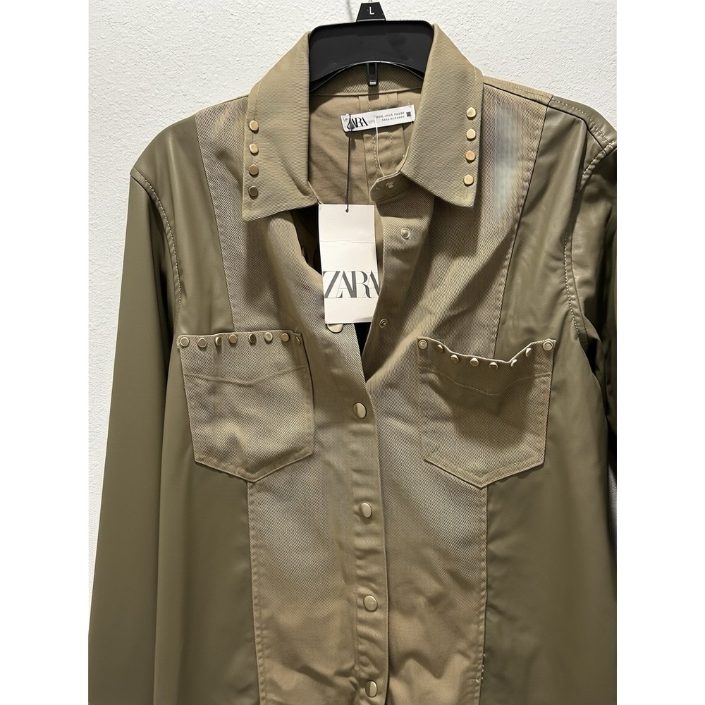 Zara Womens Denim Jeans/Faux Leather Studded Shirt Jacket Green Olive Sz S New